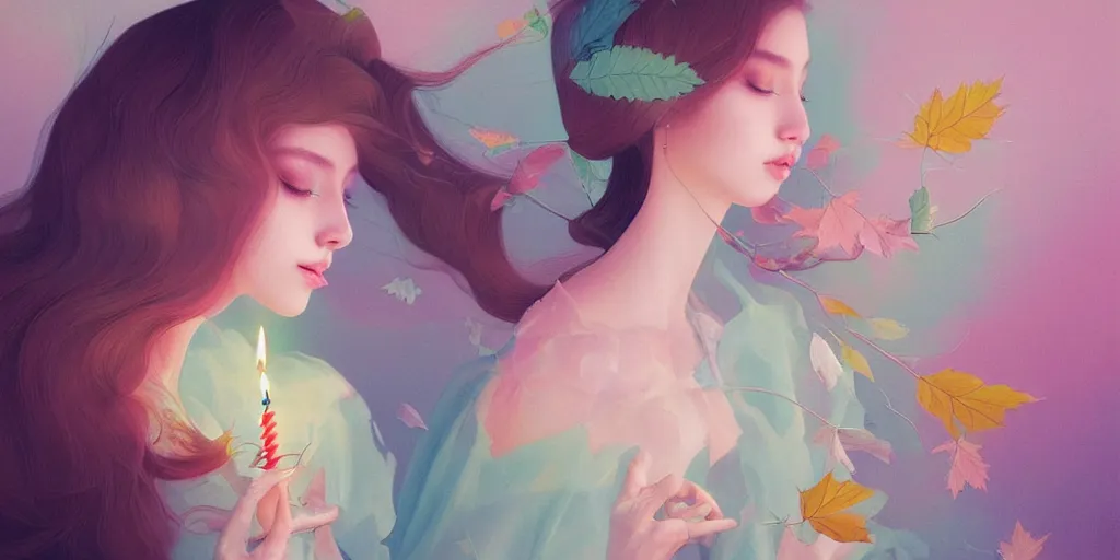 Image similar to highly detailed pastel colors of an ethereal moroccan beauty blowing a birthday candle, morphing into autumn leaves, by artgerm and hsiao - ron cheng, smooth composition, fine patterns and detail