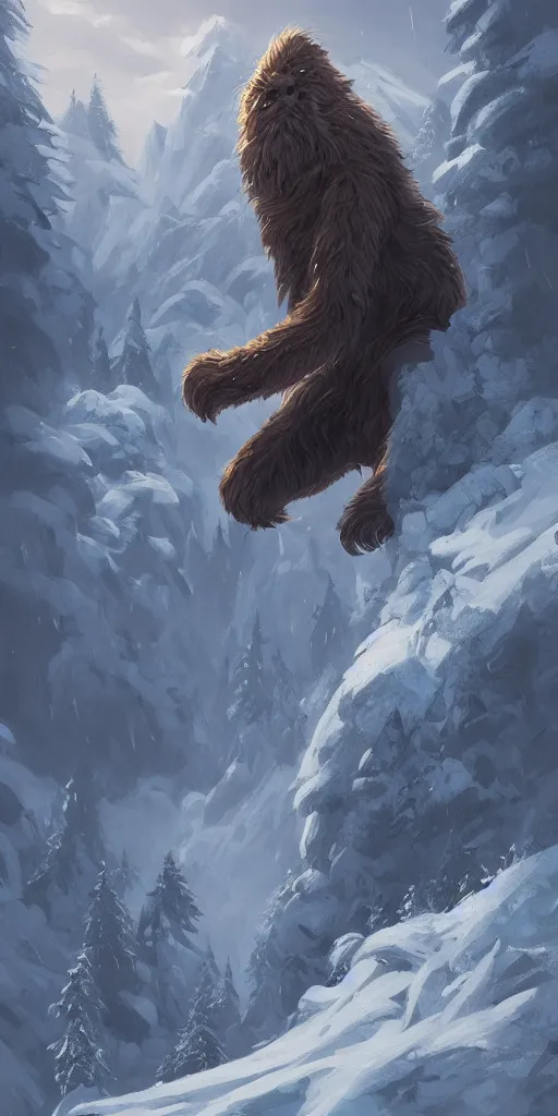 Image similar to a giant hairy cryptid monster halfway up a snowy mountain in the style of Sylvain Sarrailh, wispy magical smoke, beautiful digital art, cinematic composition, detailed, concept art, Matt painting, oil painting, high res