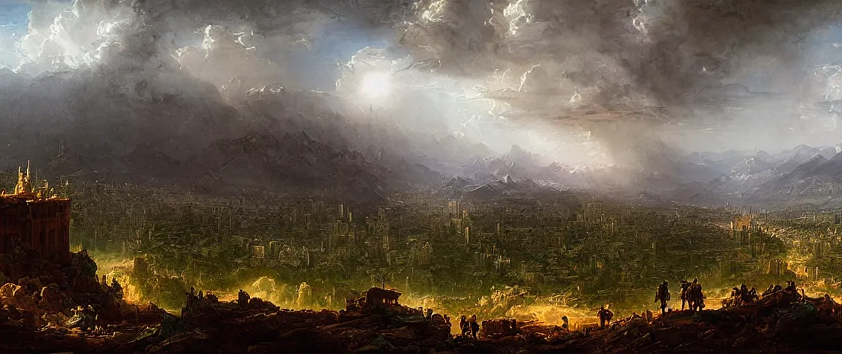 Image similar to a highly detailed painting of a post apocalyptic la in the style of thomas cole