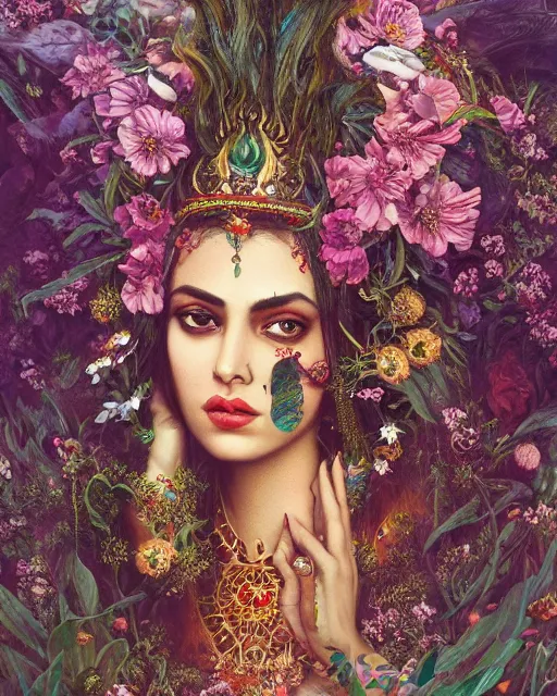 Image similar to portrait of the indian queen of the underworld, surrounded by flowers by karol bak, james jean, tom bagshaw, rococo, sharp focus, trending on artstation, cinematic lighting, hyper realism, octane render, 8 k, hyper detailed.