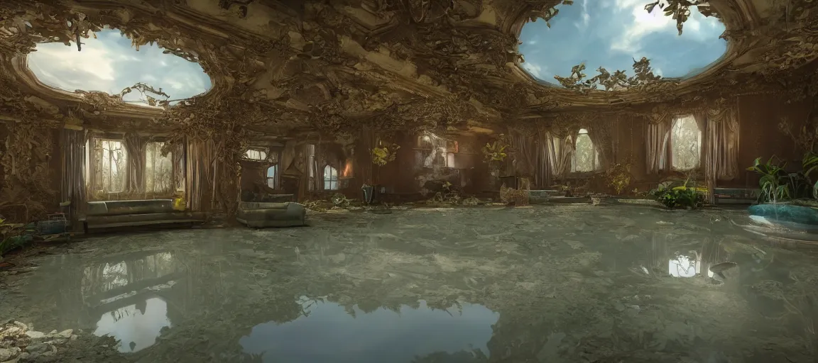 Image similar to an abandoned mansion on a humongous luminescent crystal biome by pixar, smooth, cinematic, wet reflections, ray tracing x, rtx, smooth