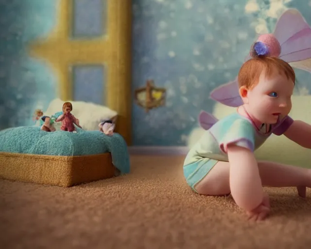 Prompt: giant baby in a small fairy living room tilt shift