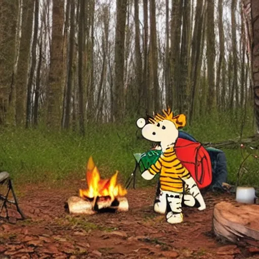 Image similar to Calvin and Hobbes camping in the forest