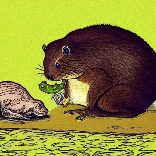 Prompt: “ a beaver eating a frog, animated ”