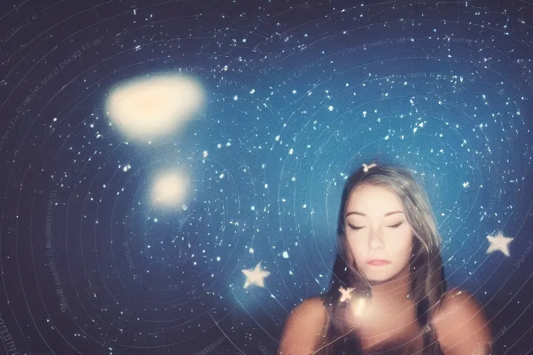 Prompt: blured shadow of sleepy young woman on white light, focused background blue night sky with stars, polaroid photo