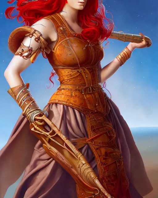 Prompt: portrait of a beautiful young women with red hair and freckles, slight smile, renaissance colorful dress, leather armor, music instrument in hand, backlit, digital painting by Michael Whelan and and boris vallejo, dnd illustration, trending on Artstation, sfw