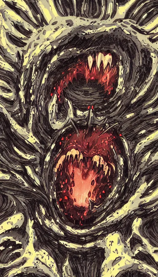 Prompt: a storm vortex made of many demonic eyes and teeth, by gainax co,