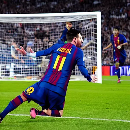 Prompt: Lionel Messi doing the Fortnite default dance after a goal