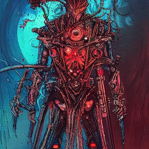 Image similar to blood hunter inspirer, in the style of philippe druillet, trending on artstation, iridescent cyan lighting camera view from above trending on artstation, bokeh, stuckism, futuresynth, dada