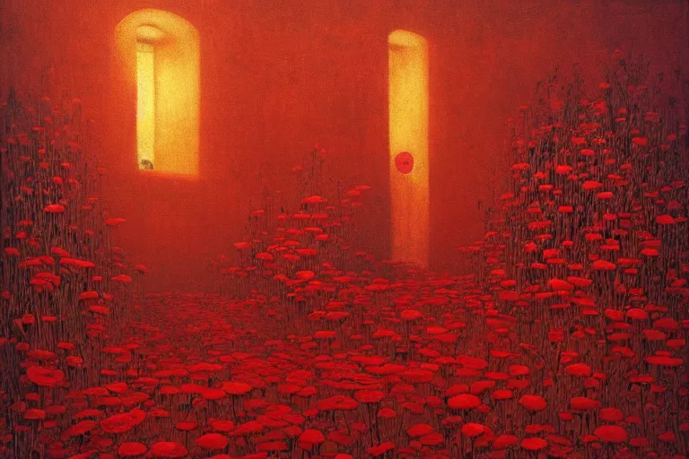 Image similar to only with red, red flowers of different types, a red tiger, a castle in the background, medieval demons dance over the flowers, an ancient path, in the style of beksinski, part by hopper, part by rodcenko, part by hofbauer, intricate composition, red by caravaggio, insanely quality, highly detailed, masterpiece, red light, artstation