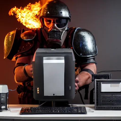 Image similar to angry man in juggernaut armor burning a desktop tower pc with a military flamethrower