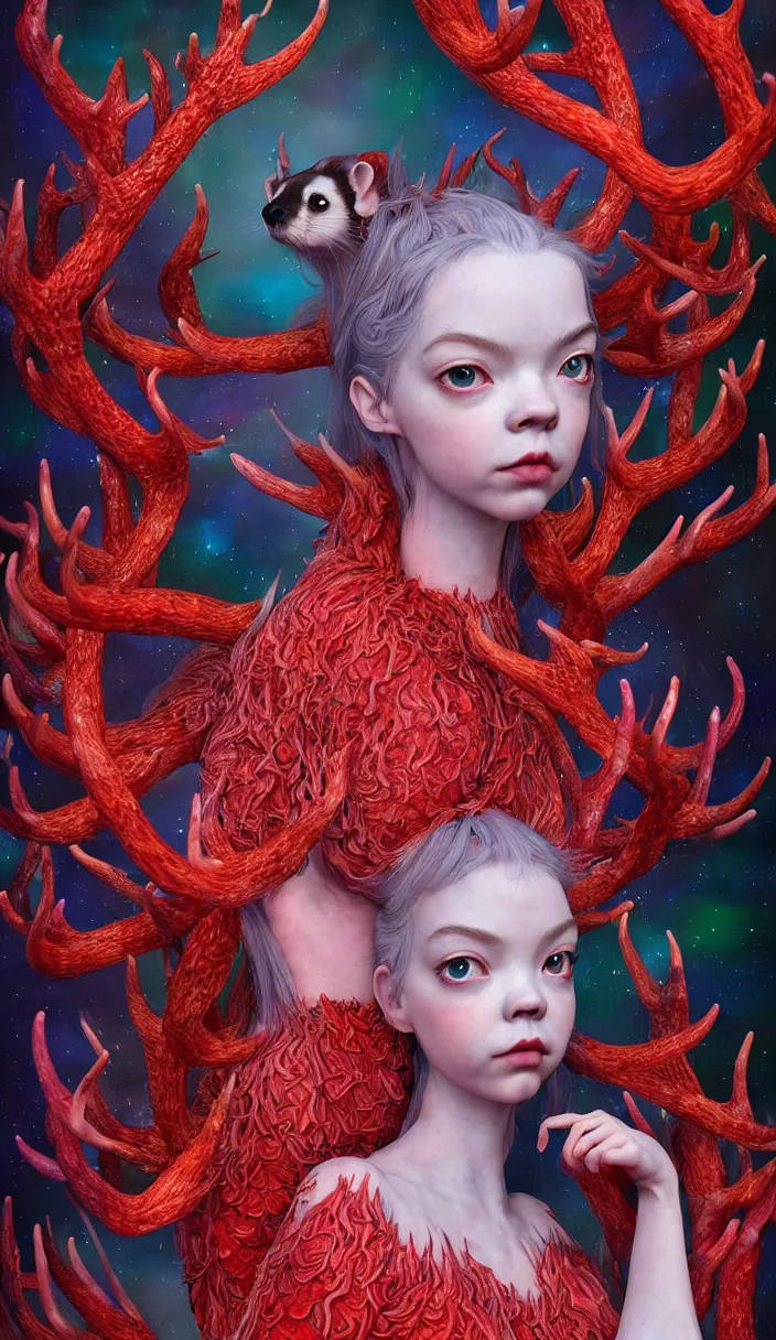 Image similar to hyper detailed 3d render like a Oil painting - kawaii full body portrait Aurora (a lithe beautiful ferret queen like skesis that looks like Anya Taylor-Joy with hooves and antlers) seen red carpet photoshoot in UVIVF posing in scaly dress to Eat of the Strangling network of yellowcake aerochrome and milky Fruit and His delicate Hands hold of gossamer polyp blossoms bring iridescent fungal flowers whose spores black the foolish stars by Jacek Yerka, Ilya Kuvshinov, Mariusz Lewandowski, Houdini algorithmic generative render, Abstract brush strokes, Masterpiece, Edward Hopper and James Gilleard, Zdzislaw Beksinski, Mark Ryden, Wolfgang Lettl, hints of Yayoi Kasuma, octane render, 8k