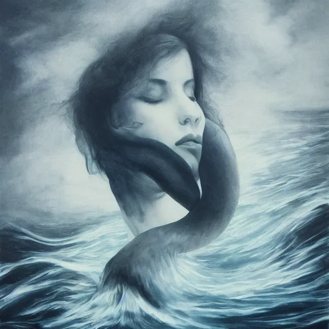 Image similar to a female art student falling asleep, misty, iceberg, black paint, dark, sensual, dreamy, waves, swirls, blue drips, fish, blueberries, octopus, neo - impressionist, surrealism