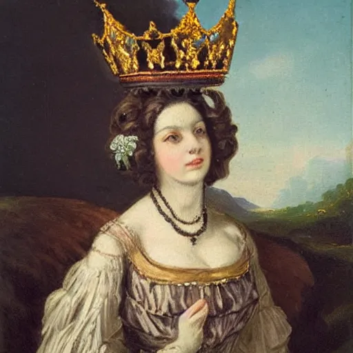 Image similar to a rabbit wearing a crown dressed as a queen, 19th century oil painting