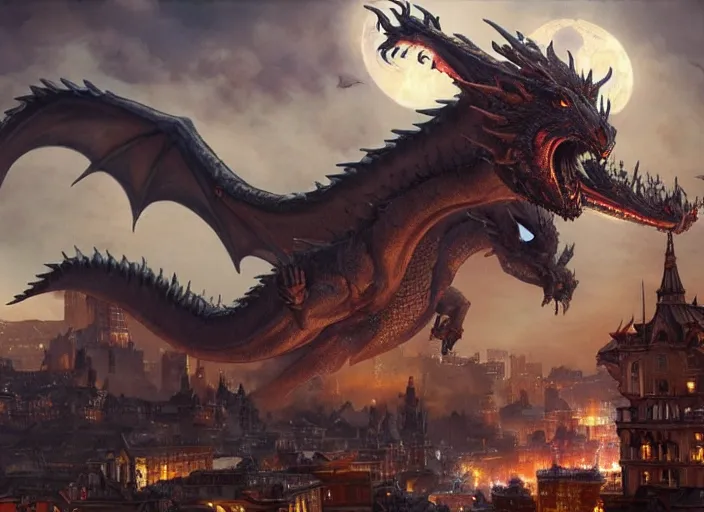 Prompt: giant dragon attacking a city during a festival, highly detailed, digital illustration, artstation, concept art, matte, sharp focus, illustration, dramatic, full moon, art by artgerm and greg rutkowski and alphonse mucha