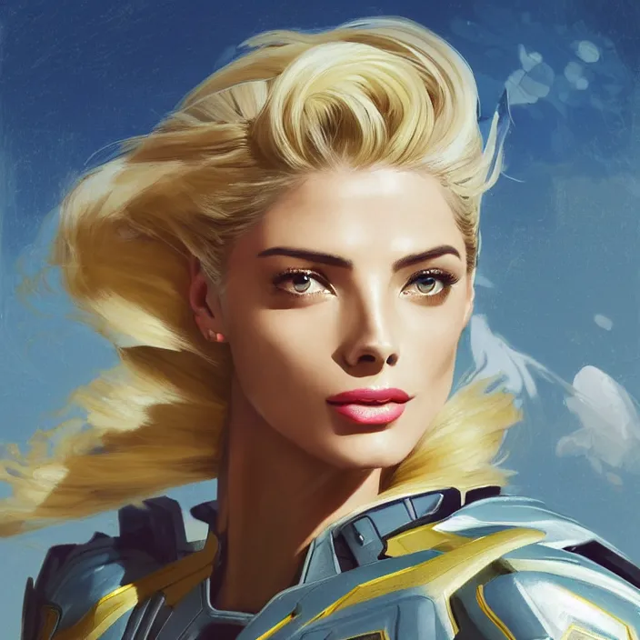 Image similar to A combination of Adriana Dxim's and Grace Kelly's and Ashley Greene's appearances with blonde hair wearing Interceptor's armor from Anthem, countryside, calm, fantasy character portrait, dynamic pose, above view, sunny day, thunder clouds in the sky, artwork by Jeremy Lipkin and Giuseppe Dangelico Pino and Michael Garmash and Rob Rey and Greg Manchess and Huang Guangjian, very coherent asymmetrical artwork, sharp edges, perfect face, simple form, 100mm