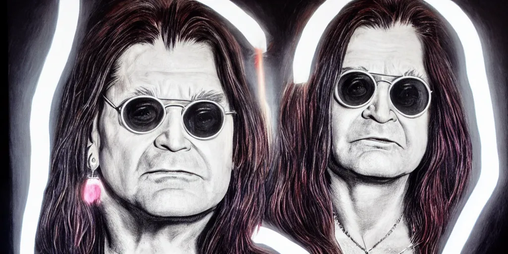 Image similar to detailed portrait of Ozzy Osbourne, neon light, hyper realistic, with horns on his head