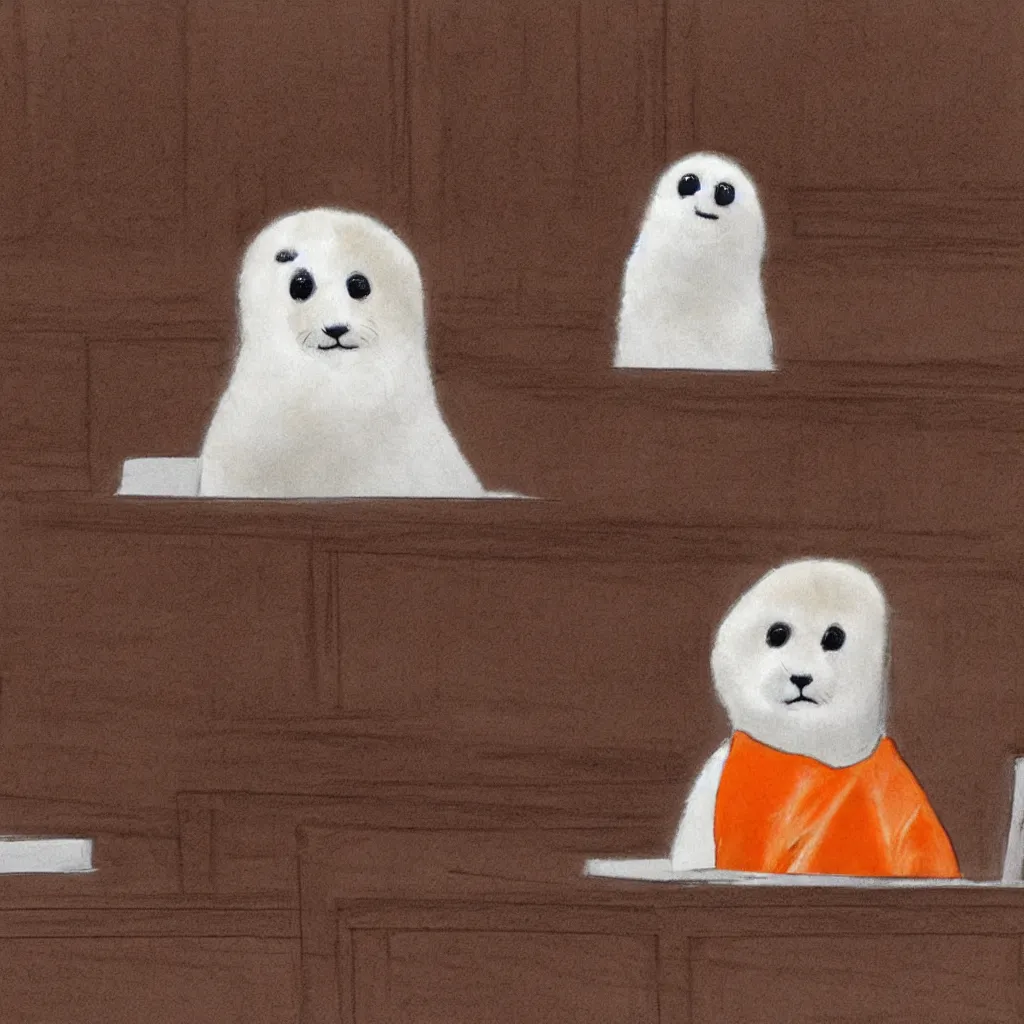 Image similar to a baby harp seal in an orange prisoner jumpsuit at the witness stand, courtroom sketch