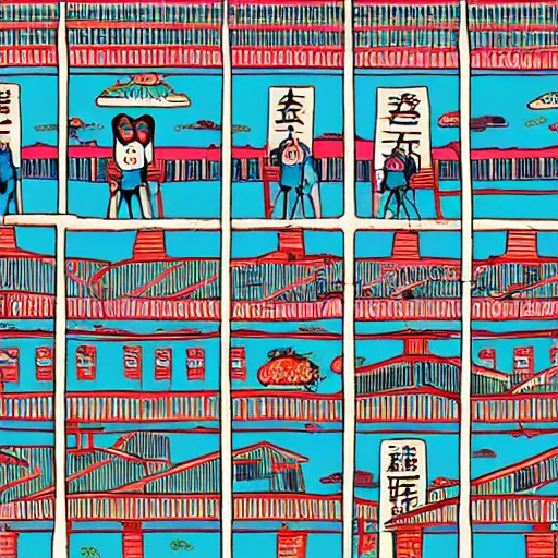 Image similar to a chinese prison, in the style of daniel johnston and outsider art, 8 k, line brush, minimal, brightly coloured, flat, stark, overlaid with chinese adverts