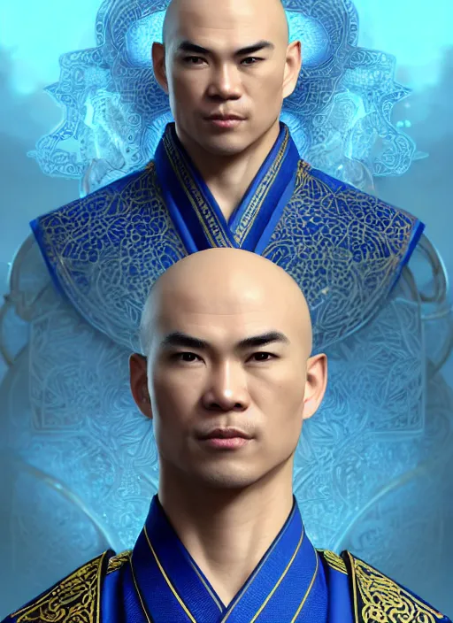 Image similar to male martial artist with a mostly shaved head and a high ponytail!!! asian facial features and blue eyes!! intricate ornate blue robes!! character concept art, sharp focus, octane render! unreal engine 5! highly rendered!! trending on artstation!! detailed linework!! illustration by artgerm, wlop, and chie yoshii