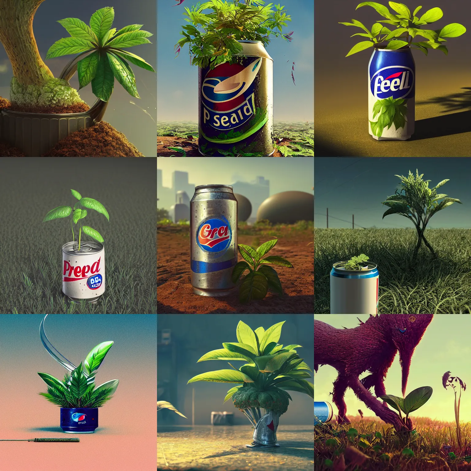 Prompt: a plant growing from a seed. the seed is a crashed pepsi can, grim, organic, digital art, artstation, octane rendering, vibrant, cinematic, 8 k, very detailed by makoto shinkai, george stubbs, elder ring