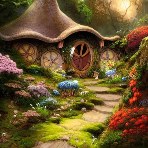 Image similar to A beautiful digital painting of a hobbit house covered in flowers, mushrooms and moss with a door and windows and a front path and garden in the shire by Stanley Artgerm Lau, frank frazetta, Rossdraws, James Jean, gerald brom, Andrei Riabovitchev, Marc Simonetti, and Sakimichan, trending on artstation, SFW version