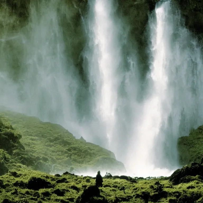 Image similar to bright 1 9 7 0's artistic technicolor spaghetti western film, a large huge group of women in a giant billowing wide long flowing waving shining bright white dresses made of white smoke, standing inside a green mossy irish rocky scenic landscape, huge waterfall, volumetric lighting, backlit, atmospheric, fog, extremely windy, soft focus