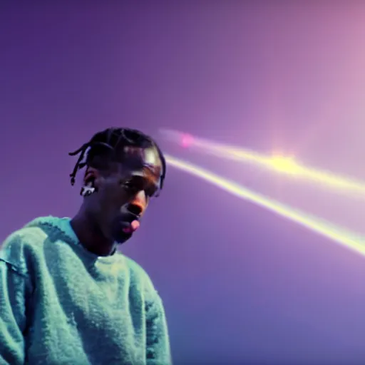 Image similar to Travis Scott sitting on a cloud over Earth, 4k, Aubrey Powell, vintage photo, lens flare, beautiful cinematography, surreal, film grain