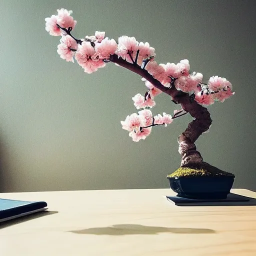 Image similar to a sakura bonsai tree on a desk in a living room, beautiful, high detail, cinematic, instagram,