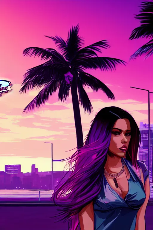 Prompt: a stunning GTA V loading screen with a beautiful woman with ombre hairstyle in purple and pink blowing in the wind in the city at sunset, outrun, vaporware, palm trees, retro, beautiful sky with cumulus couds, digital art, trending on artstation
