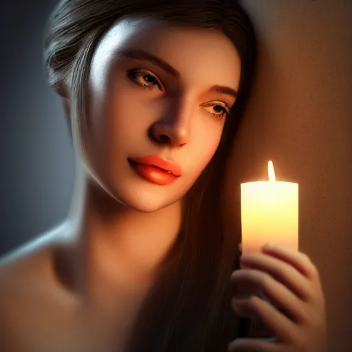 Prompt: portrait of a feminine young woman holding a lit candle, fragile, soft, vray, hyperdetailed, 3d character, game character