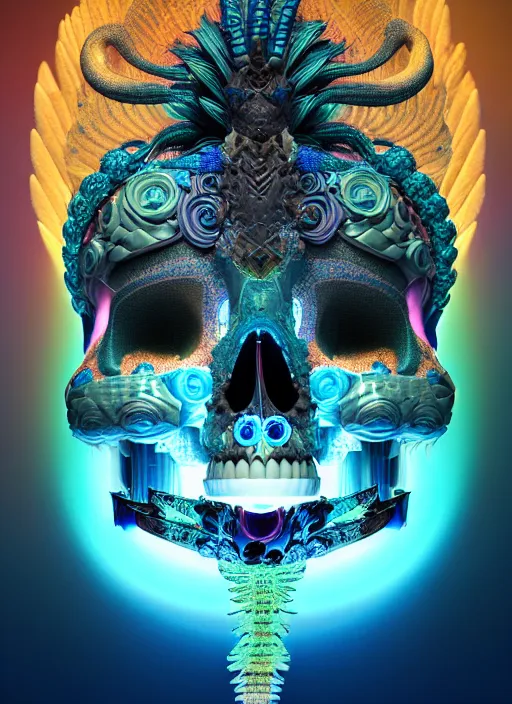 Image similar to 3 d goddess profile portrait, sigma 5 0 0 mm f / 5. beautiful intricate highly detailed quetzalcoatl skull and feathers. bioluminescent, plasma, lava, ice, water, wind, creature, thunderstorm! artwork by tooth wu and wlop and beeple and greg rutkowski, 8 k trending on artstation,