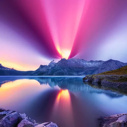 Image similar to amazing landscape photo of mountains with lake in sunset and a purple tornado by marc adamus, beautiful dramatic lighting