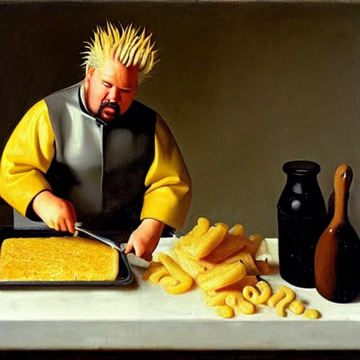 Image similar to a portrait of guy fieri making a greasy macaroni and cheese sandwich, by vermeer, portrait, royal, oil on canvas