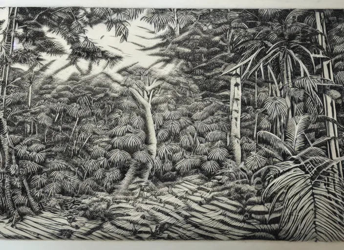 Prompt: a beautiful wood engraving on paper of the jungle