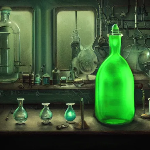 Prompt: a painting of a steampunk blue - ish light green potion bottle in the middle of a counter in a dark dusty vintage science lab, by h. r. giger, hyperrealistic fantasy art, concept matte, ethereal, dreamy, digital art, trending on artstation, volumetric cinematic lighting