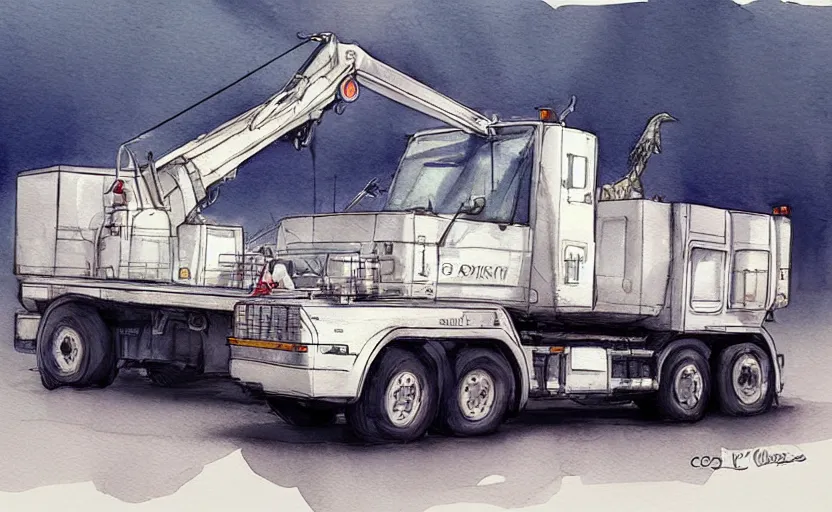 Image similar to concept art of a crane truck, pinterest, artstation trending, behance, watercolor, by coby whitmore, silver, laser light,