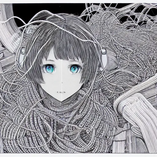 Image similar to hyper-detailed manga illustration of a human form made of pink patch cables, with a large modular synthesizer