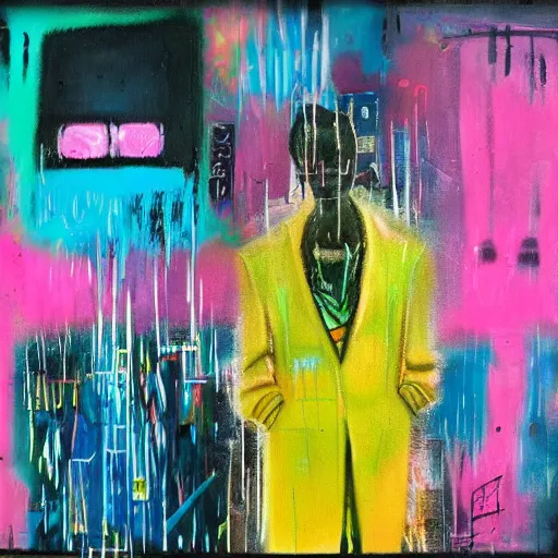 Image similar to rain like a dream, oil painting, cyberpunk, basquiat + francis bacon, elevated street art, fantasy lut, pink, blue, purple, green,