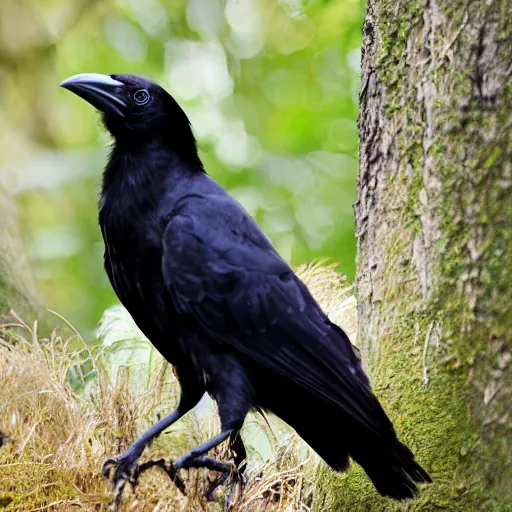 Prompt: were - crow stalking around tree, photograph captured in a forest