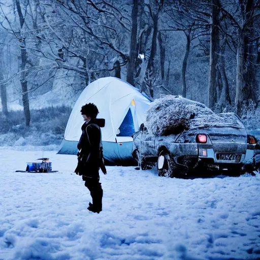 Image similar to a movie still from final fantasy live action, a traveler camping alone in the snow