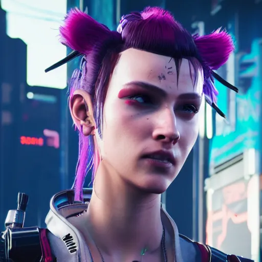 Image similar to female V from Cyberpunk 2077 wearing spiked collar, 4K