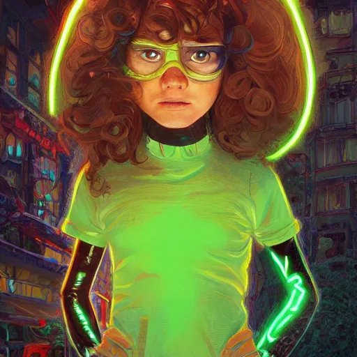 Prompt: a young woman with short wavy brown hair and glowing green eyes as a super hero, pixar cute, highly detailed, sharp focus, neon color, digital painting, artwork by Jeremiah Ketner + Mati Klarwein + Fintan Magee + Chris Mars, background artwork by greg rutkowski