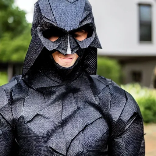 Image similar to a highly detailed picture of a man wearing a epic homemade shadow hero costume