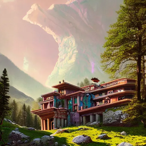 Image similar to a cozy mansion carved into a mountain side, big green trees, colorful clouds, dramatic lighting, artstation, matte painting, raphael lacoste, simon stalenhag, frank lloyd wright