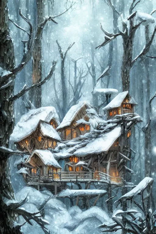 Image similar to a storybook ramshackle multistory tree hut in the snowy woods, elegant, fantasy, highly detailed, digital painting, concept art, sharp focus, illustration, artstation, fairytale style