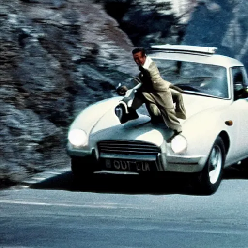 Prompt: man chased by a flying car, still of James bond movie