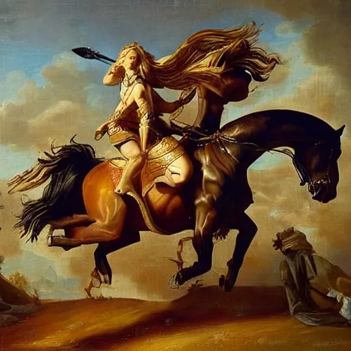 Prompt: beyonce riding a horse with a sword chasing a tribe of eric claptons, baroque style painting, well lit, highly detailed