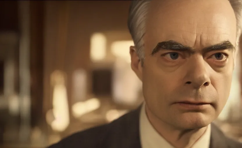 Prompt: Bill Hader as J. Robert Oppenheimer in 'Oppenheimer' (2018), movie still frame, oscar nominated cinematography, volumetric lighting, 8k resolution, beautiful composition