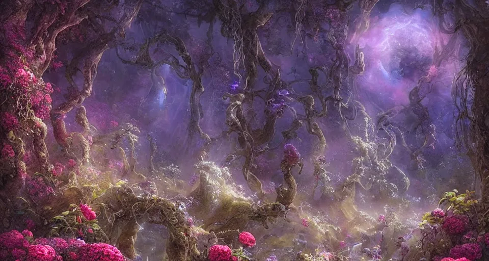 Prompt: a large alien shrine shrouded by mystic nebula magic in a field of flowers, ferdinand knab, breath - taking beautiful flowers, streams, nebula, and mist, an aesthetically pleasing, dynamic, energetic, lively, complex, intricate, detailed, well - designed digital art of magic, streams, flowers, and mist, early morning, light and shadow